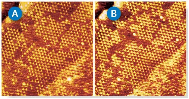 STM images of Pt(111) electrode in 0.1 mM KCN + 0.1 M KCIO4 taken at 0.6 V vs. RHE. (A) was taken 20 seconds before image (B). 30 nm scans.