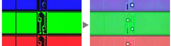 An LCD color filter (Left: Transmitted Light / Right: MIX (Transmitted Light + Brightfield))