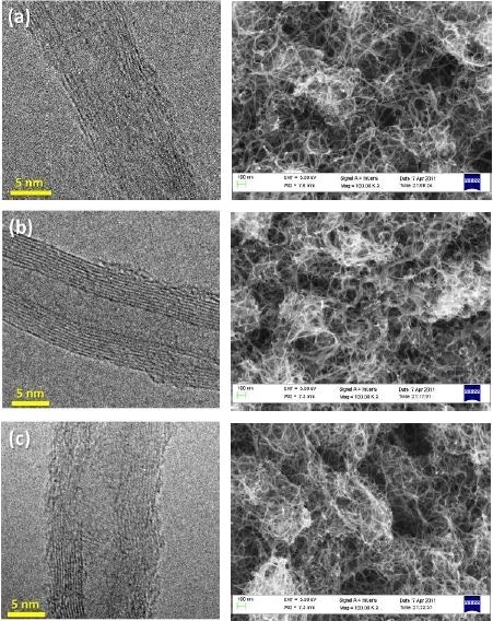 HRTEM and SEM images of MWCNTs; (a) as-received, (b) annealed and (c) oxidised