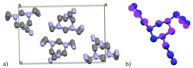 (a) Crystal structure viewed along c axis (b) comparison of molecular structure (blue) to the molecular structure obtained from DFT calculations (purple).