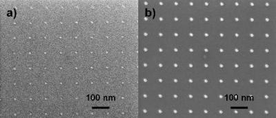 Dot exposures in HSQ. Left: 5 nm thick resist. Right: 55 nm thick resist.