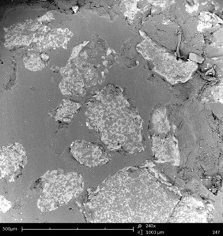 A SEM image of a wax. SEM with EDS analysis was used to investigate the distribution and composition of particles dispersed in the polymeric matrix.