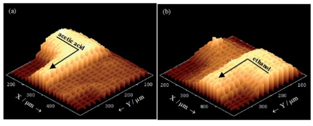 3D plots of Raman intensity (without background subtraction) in the T-junction region for specific bands. (a) 893 cm-1 from acetic acid. (b) 882 cm-1 from ethanol