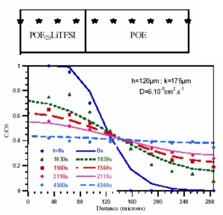 Evolution of the concentration profile of TFSI by self diffusion in the assembly consisting of a P(EO)20 LiTFSI and a PEO film at 80°C. Plain lines: theoretical function (with