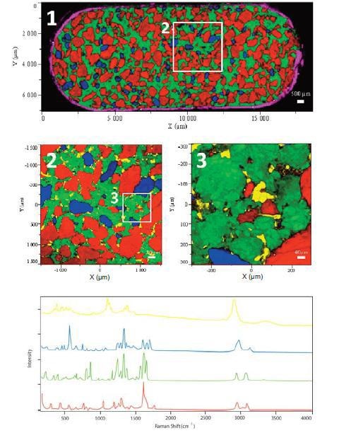 Color-coded Raman images of a pharmaceutical tablet highlighting the spatial distribution of the various components at different scales