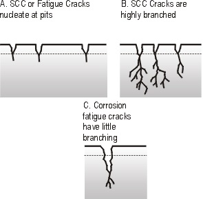 Schematic view of Stress Corrosion Cracking (SCC) and corrosion fatigue cracking.