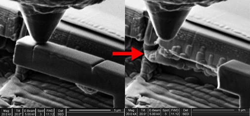 SEM micrographs of a bi-crystal spinel cantilever before and after in-situ deflection testing.