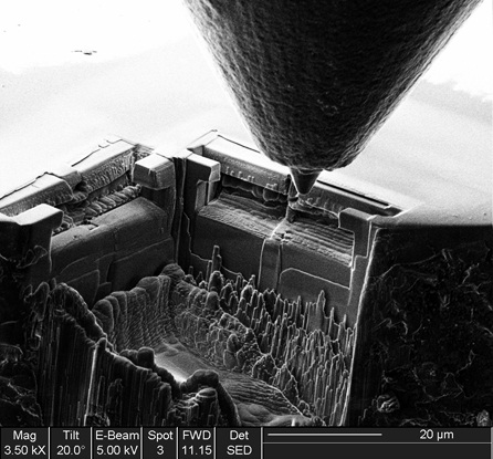 Low magnification SEM micrograph showing fractured cantilevers milled via FIB.