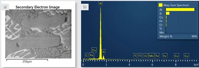 a) Secondary electron image of area analysed. b) spectrum of the area analysed from the sum of all X-ray data collected during X-ray SmartMap acquisition.