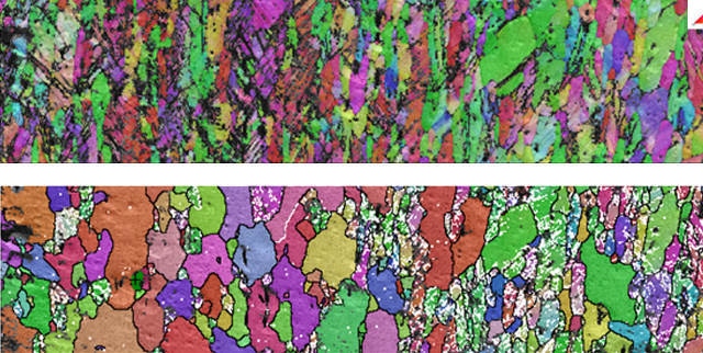 Top: EBSD IPF coloured maps of starting and the final microstructures after heating up to 440ºC respectively. Bottom: EBSD IPF map additionally showing grain boundaries, where />2º=white and >8º=black.