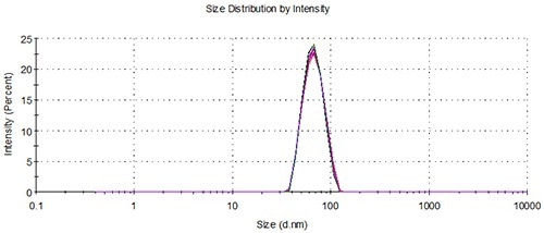 Overlay of distributions from 5 representative measurements of 3 aliquots from a single vial loaded using the NanoSampler, 60nm.