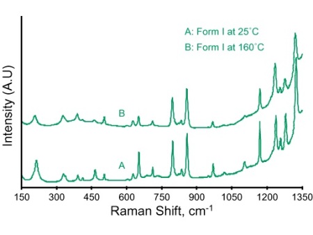 Form I paracetamol crystals: Raman microscopy allow video images and analytical (spectral) information to be simultaneously recorded.