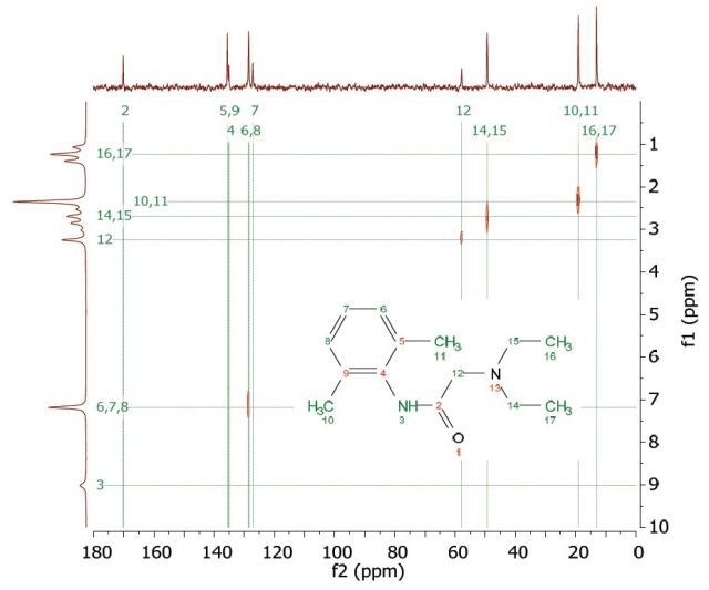 HETCOR spectrum of 1 M lidocaine in CDCl3.