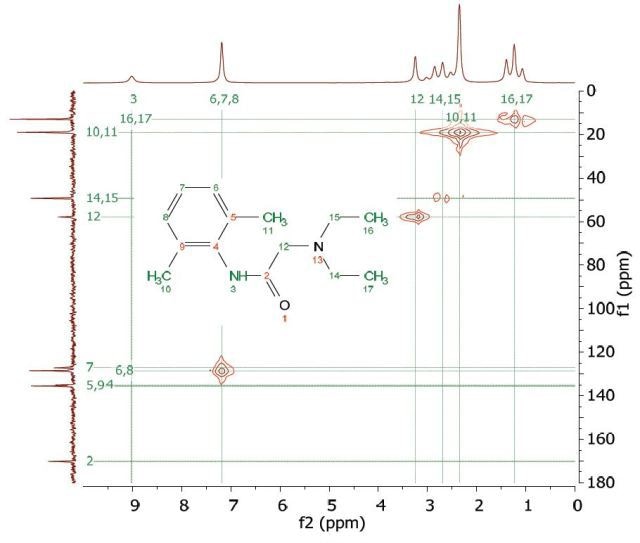 HMQC spectrum of 1 M lidocaine in CDCl3.
