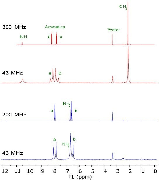 Figure 1 shows the 1H NMR spectra of 200mM solutions of starting material indicated in red and the final product in blue in DMSO-d6.