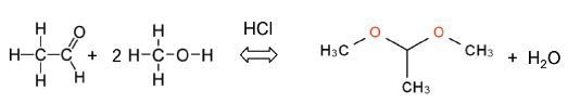 equation shows how acetaldehyde reacts with methanol to yield acetaldehyde dimethyl acetal.