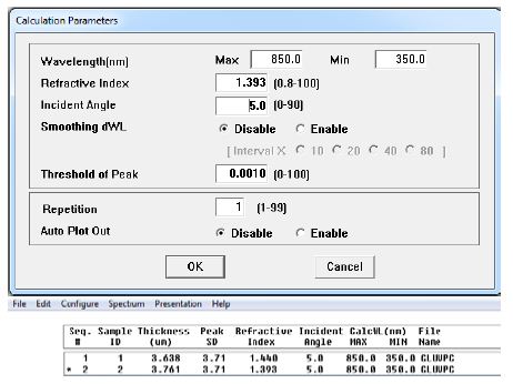 Summary of film thickness calculations by the film thickness software.