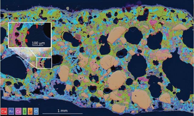 X-ray map produced by combining 900 individually collected fields. The multi-coloured ‘Layered Image’ shows large silica grains (brown) and porosity (black) and Cu (Red). The area analysed is 5x3 mm with a pixel density of 10,000 by 6,000.