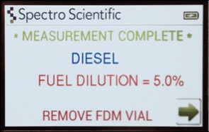 Results screen on the Q6000 FDM showing the % fuel dilution found for a sample using a diesel calibration program.