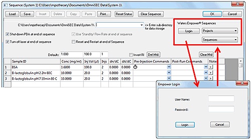 The sequence editor window in OmniSEC and Empower login window.