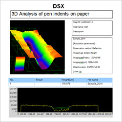 The 3D profile and analysis of a pen indent on paper is reported here alongside additional information such as capture settings.