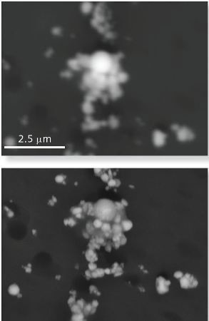 Backscattered electron images of small particles on an air filter acquired at 20 kV (top) and 10 kV (bottom). Better image resolution (clearer, less blurry image) is achieved at 10 kV. enabling more accurate measurement of particle morphology.