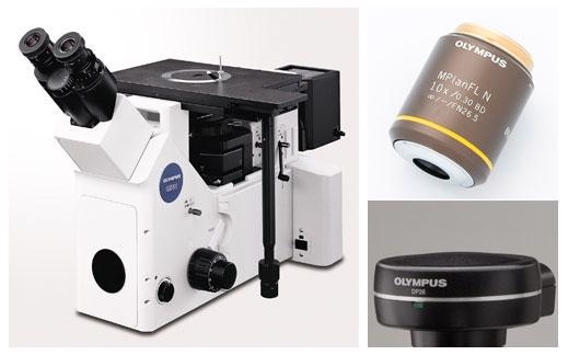 Schematic of a metallurgical image analysis system. The GX53 inverted microscope is combined with a 10× objective, camera, and software to analyze nonmetallic inclusions.