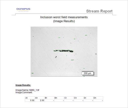 Report generated from OLYMPUS Stream software. Analysis was performed in the Inclusions Worst Field material solution available in both the OLYMPUS Stream and PRECiV image analysis software.