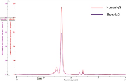 Overlay of representative RI chromatograms of human IgG (red) and sheep IgG. (purple)