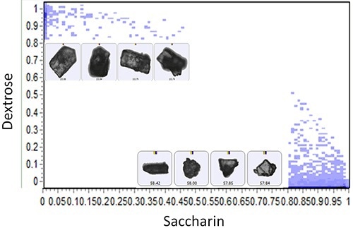 Scatter plot of the particle correlation values to saccharin versus dextrose for Sample A accompanied by example particle images.