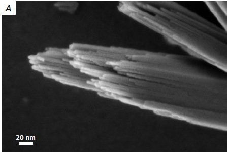 a) Nanometer spaced FeO(OH) crystals at imaged at 1 kV.