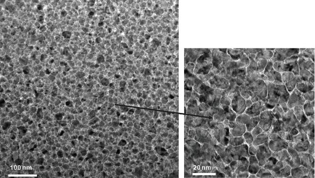 TEM micrographs of two different growth conditions of FePt thin films. Specimens prepared in PIPS™ II and imaged in a JEOL 2000 EX TEM.