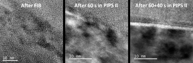 TEM micrographs of a multi-layer sample as prepared in FIB (left), after polishing in PIPS II System at 300 eV for 60 seconds (center), after polishing in PIPS II System for additional 40 seconds (right). Due to FIB-induced amorphization, the second layer in the middle is not visible in the first two images (left and center), but after sufficient Ar ion polishing it is clearly visible in the last one (right). [FIB prepared specimen provided by Texas Instruments, Dallas Texas.]