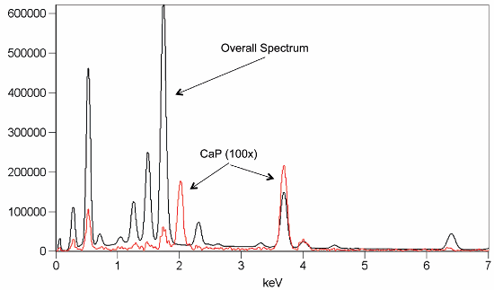 Spectral display showing the overlap of the cumulative spectrum from all pixels in a spectral imaging data set (black) and the spectrum from very small particles of a Ca-P enriched phase (red). Note that the amplitude of the P peak at ~2 keV cannot be detected with conventional peak identification routines.