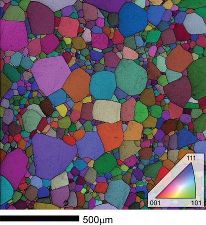 Orientation map overlaid on an intensity map based on EBSD pattern quality on a hot-pressed sample MgAl2O4 sample.
