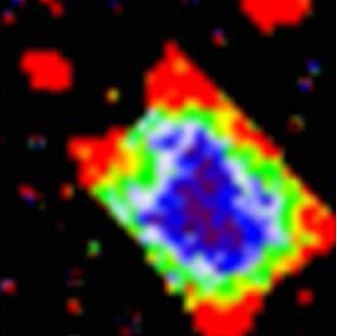 Raman image of a graphene flake showing the peak position of the G-band. Red regions correspond to compressive stress