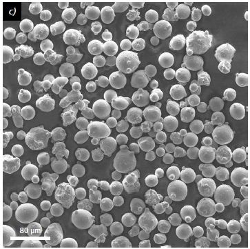 Micrographs of steel (316L) (a, c) and AlSi10 (b, d) Powders used for powder characterization; (a, b) Light microscopy, transmitted light, bright field, 80×; (c, d) SEM, SE, WD 10 mm, EHT 10 kV, 500×