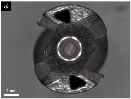 Size and geometry measurement with ZEISS Smartzoom 5: Tip of an additively manufactured cutting insert; a) Overview, 20×, ringlight, HDR; b) Detailed view and measurement of the cooling channel, 40×, ringlight.