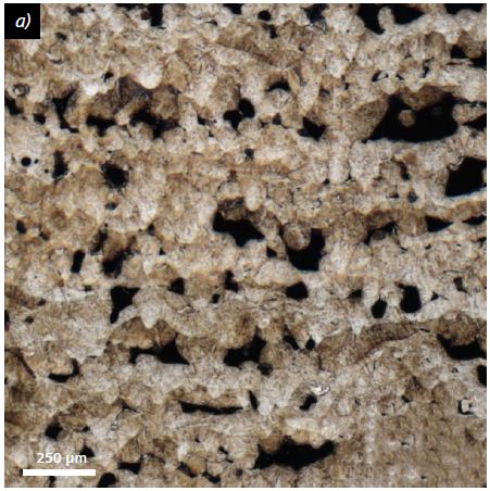 Microstructural evolution in test cubes made of X3NiCoMoTi18-9-5 in response to the linear energy density (LED) for determination of porosity and defect size; a) SLM, high LED, V2A etchant, cross-section, 50×; b) SLM, low LED, V2A etchant, cross-section, 50×; c) Overall porosity in relation to LED, porosity decreases with higher LED; d) Pore size in relation to LED, pore size decreases with higher LED.