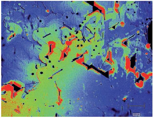 Large wafers in high definition - Approximately 1 mm square Raman image showing inclusions of 6H-Silicon carbide, 3C-Silicon carbide or Si (red), voids (black), and strain distribution (blue to green).