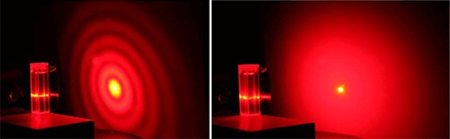 Diffraction patterns for a 5 μm sample (left) and an 800 nm sample (right) show how the light scattering pattern produced by a sample is strongly influenced by the size of particles within it. (Source: Kevin Powers, PERC, University of Florida)