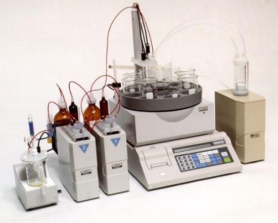 Titration apparatus used in laboratories.