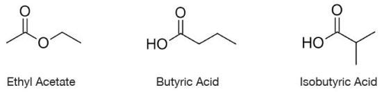 Chemical structures of Isobutyric Acid, Ethyl Acetate and Butyric Acid