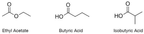 Chemical Structure of butyric acid, isobutyric acid and ethyl acetate