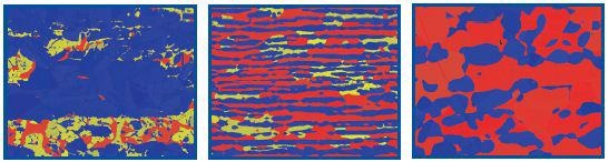 Colored phase maps combined with grey scale EBSD image quality for samples heat treated at a) 800°C, b) 900°C, and c)1000°C where ferrite is colored blue, austenite is colored red and sigma is colored yellow.