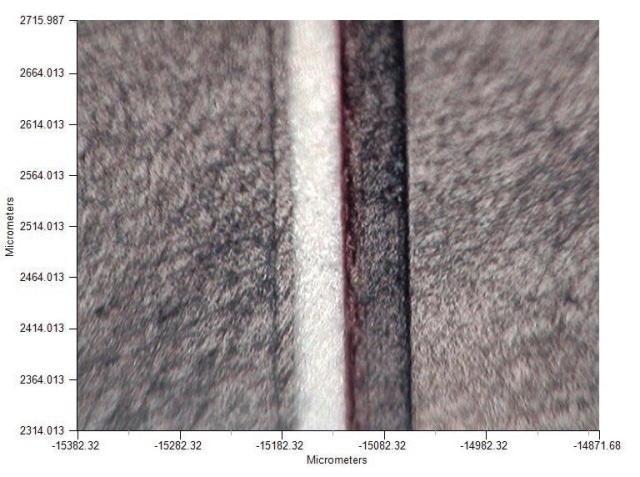 Visible image of a cross section of a paint chip embedded in resin for ATR measurements.