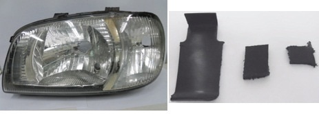 Automotive plastic samples. Left: headlight glass, right: interior trim parts.