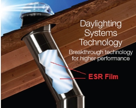 Example of Tubular daylighting devices (TDDs) which capture sunlight using a rooftop dome, and then transfer it indoors through a reflective tube that runs from the roof to the ceiling. For most commercial TDDs, ESR film is used in the interior of the light transfer tube to achieve high specular reflectivity (up to 99.7 % reflective in the visible spectrum) thereby delivering maximum visible light.
