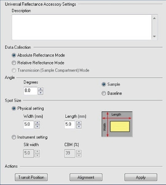Shown is the Universal Reflectance Accessory settings page of UVWinlab. In addition to the measurement angle, the beam spot size can be finely adjusted.