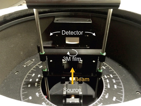 Photograph of the ARTA with the 3M® film (which looks like a mirror since it reflects visible wavelengths) mounted in the sample holder. The detector is shown without a slit aperture, which corresponds to an acceptance angle of 20°.